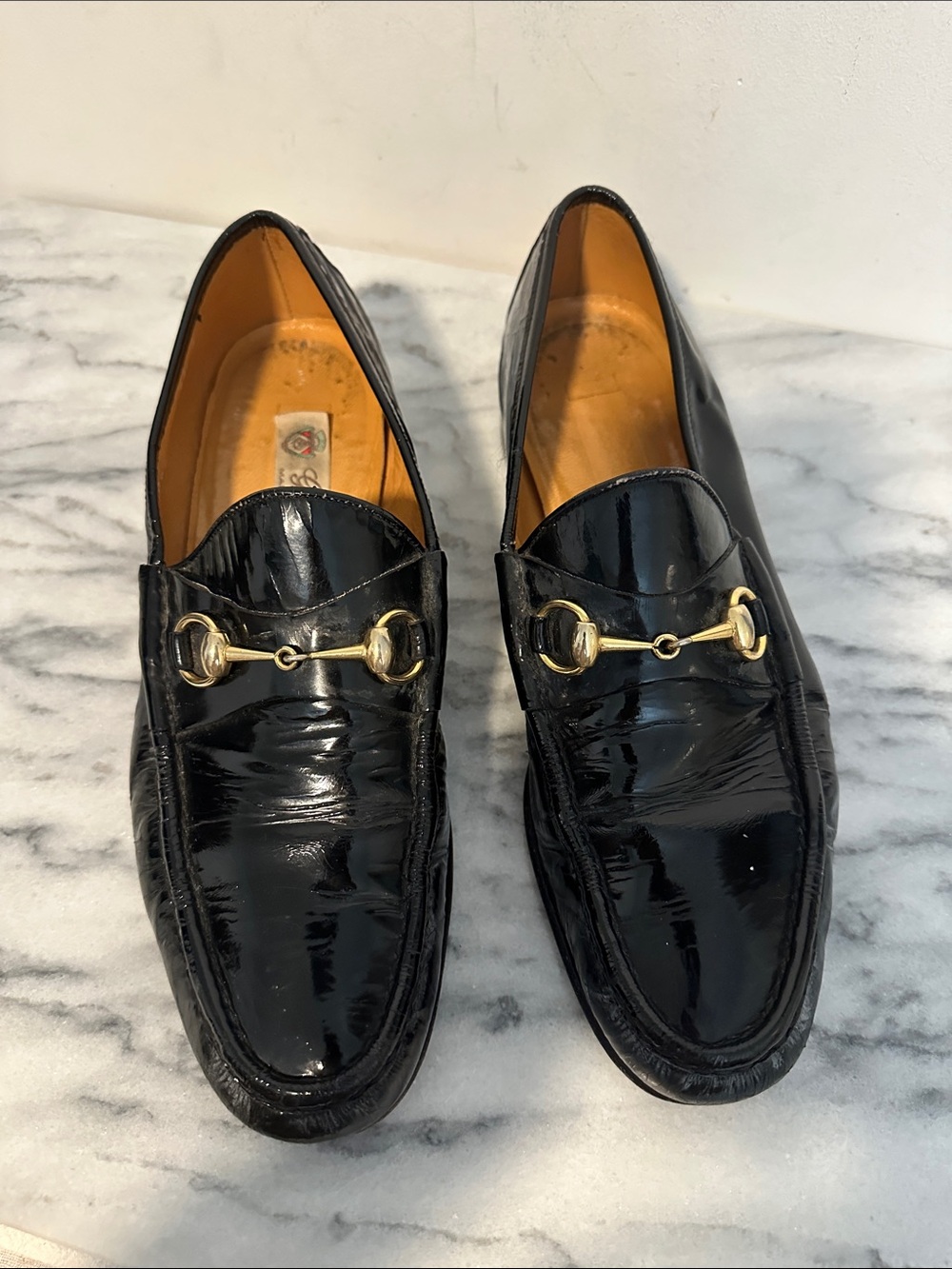 Gucci Black Patent Leather Horsebit Loafers with Gold Hardware 44.5 men’s